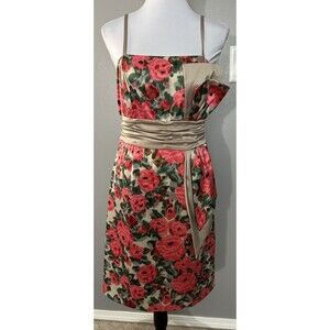 BCBG Paris Floral cocktail dress Womens 8 Spaghetti Straps Ruched Waist Band EUC